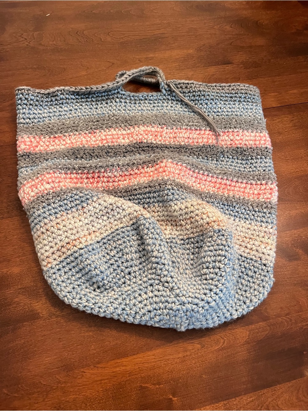 Striped Crochet Tote Bag in Blue, Pink and Gray